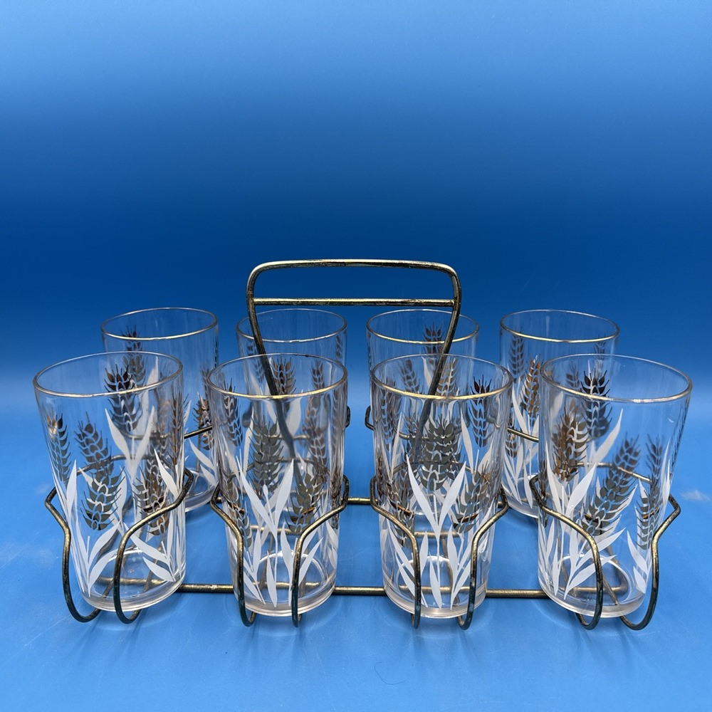 Vintage Jeannette Barware Set 8 Gold Wheat Glasses w/ Metal Caddy MCM